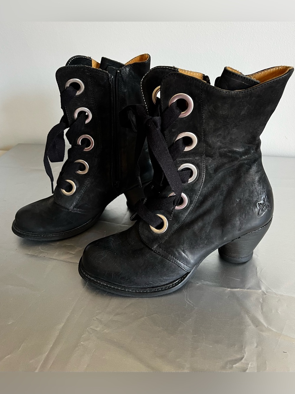 John Fluevog Women's Black Lace-Up Mid-Heel Boots